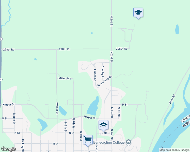 map of restaurants, bars, coffee shops, grocery stores, and more near 1708 Linden Ln in Atchison