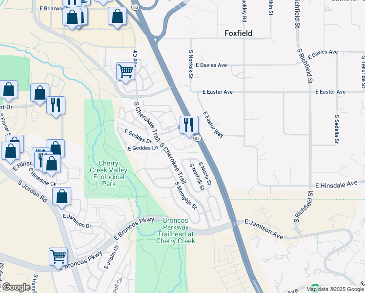 map of restaurants, bars, coffee shops, grocery stores, and more near 16451 East Geddes Place in Aurora