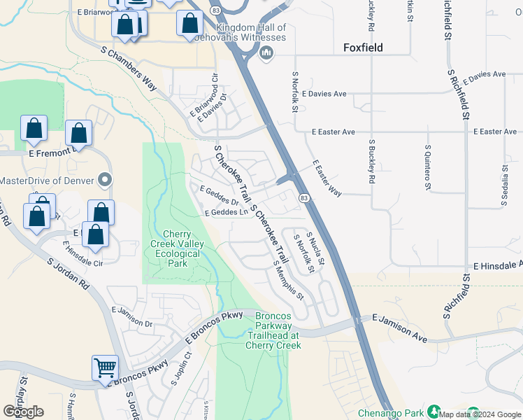map of restaurants, bars, coffee shops, grocery stores, and more near 16294 East Geddes Lane in Aurora
