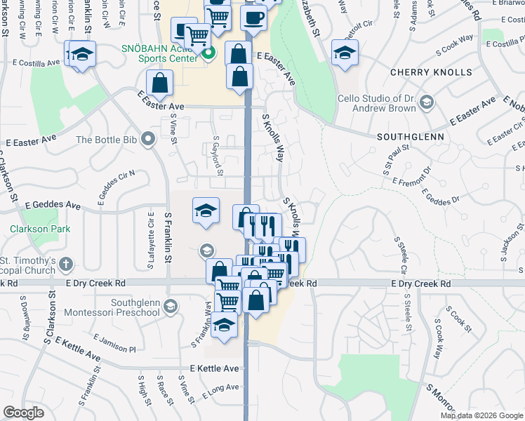 map of restaurants, bars, coffee shops, grocery stores, and more near 2451 East Geddes Place in Centennial