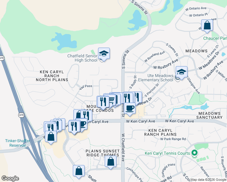 map of restaurants, bars, coffee shops, grocery stores, and more near 7348 South Gore Range Road in Littleton