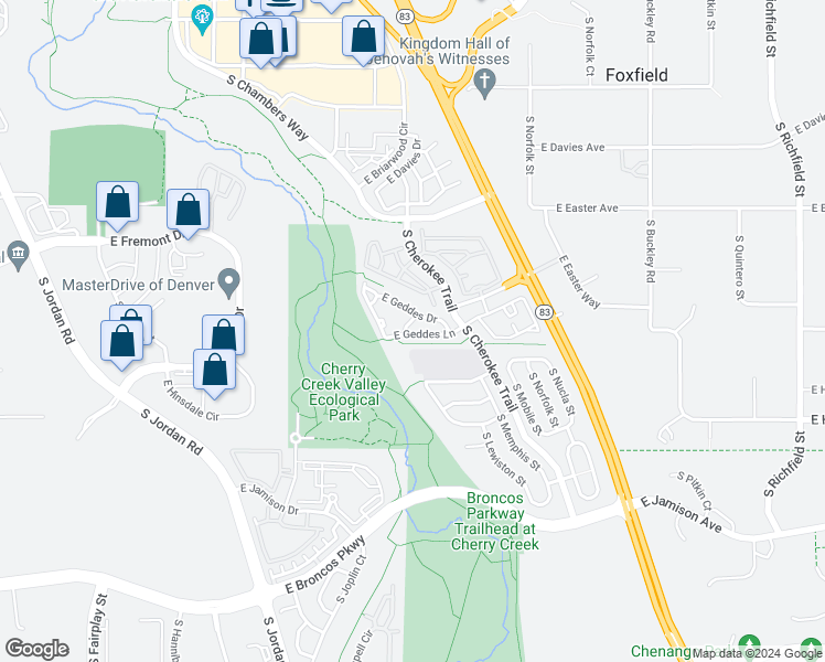 map of restaurants, bars, coffee shops, grocery stores, and more near 16119 East Geddes Lane in Aurora