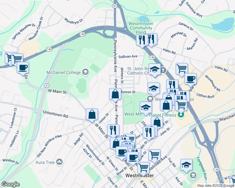map of restaurants, bars, coffee shops, grocery stores, and more near 146 Pennsylvania Avenue in Westminster