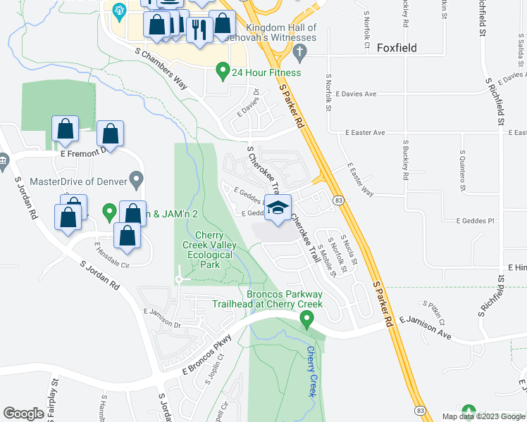 map of restaurants, bars, coffee shops, grocery stores, and more near 16221 East Geddes Lane in Aurora