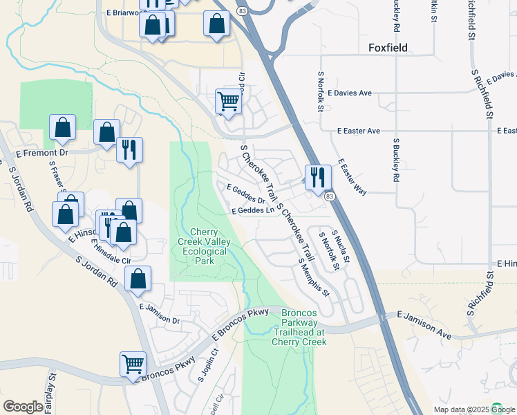 map of restaurants, bars, coffee shops, grocery stores, and more near 16180 East Geddes Lane in Aurora