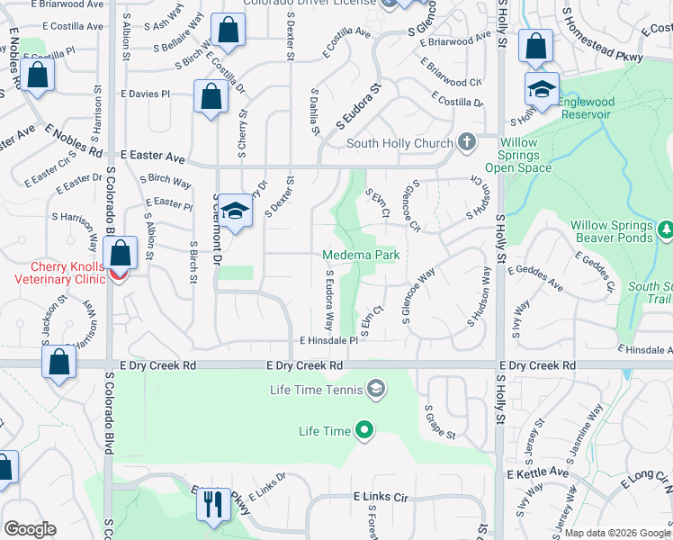 map of restaurants, bars, coffee shops, grocery stores, and more near 7342 South Eudora Way in Centennial