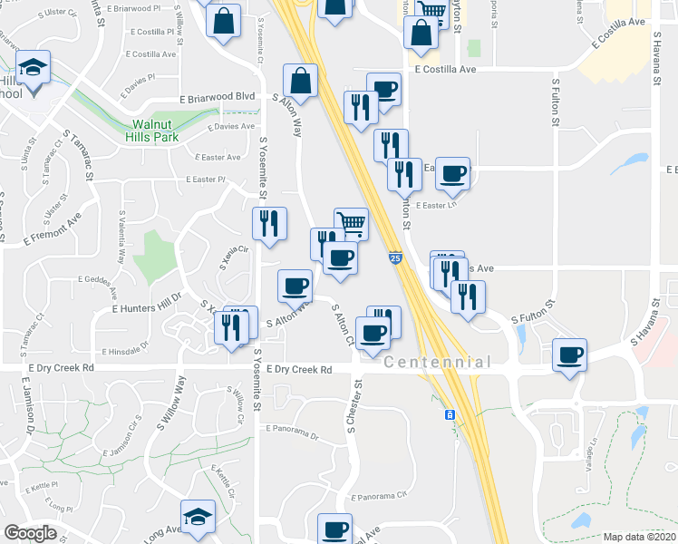 map of restaurants, bars, coffee shops, grocery stores, and more near 7342 South Alton Way in Centennial