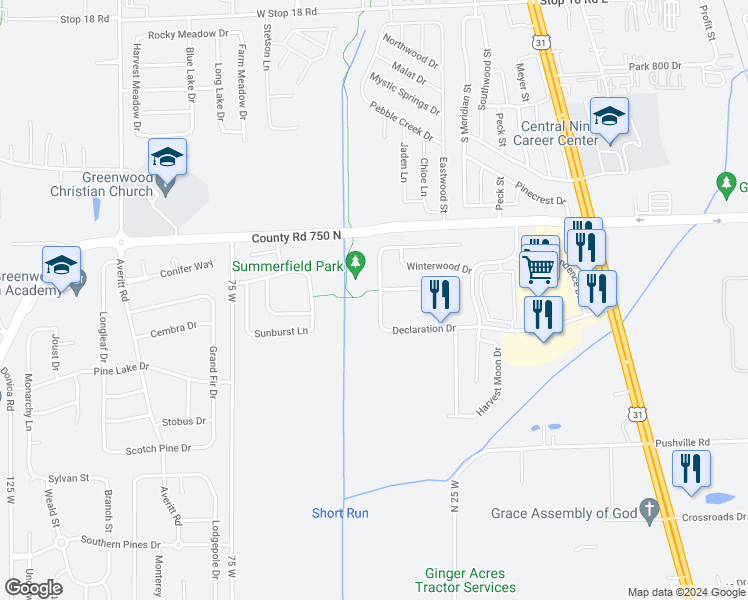 map of restaurants, bars, coffee shops, grocery stores, and more near 2206 Summer Breeze Way in Greenwood