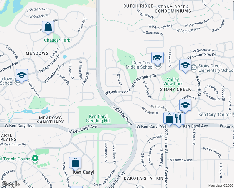 map of restaurants, bars, coffee shops, grocery stores, and more near 9793 West Hinsdale Lane in Littleton