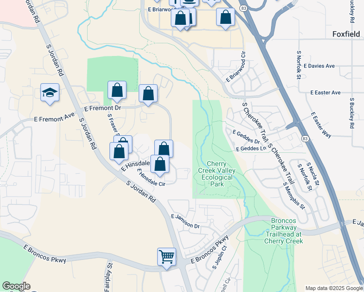 map of restaurants, bars, coffee shops, grocery stores, and more near 15630 East Hinsdale Drive in Centennial