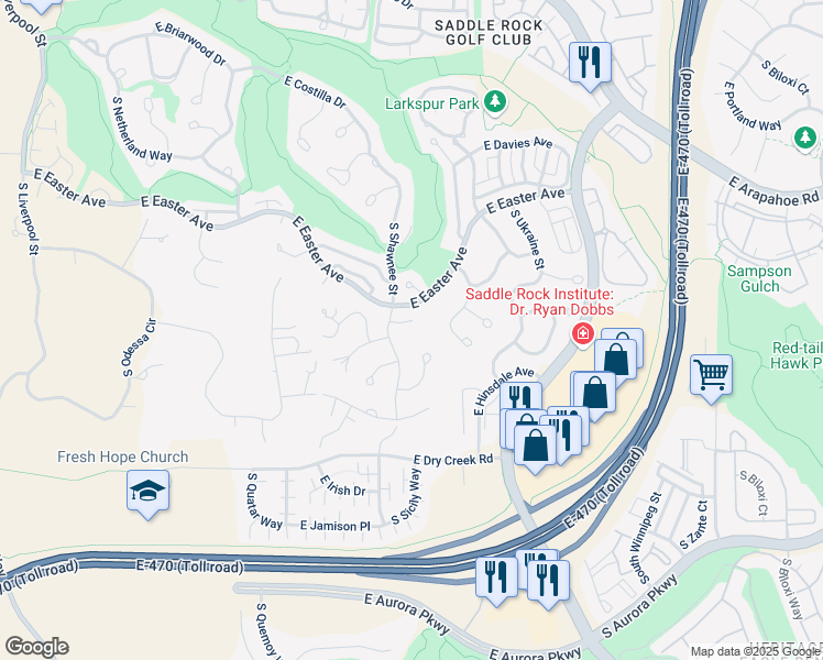 map of restaurants, bars, coffee shops, grocery stores, and more near 22264 East Frost Place in Aurora