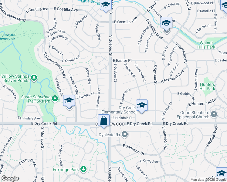 map of restaurants, bars, coffee shops, grocery stores, and more near 7387 South Quebec Court in Centennial