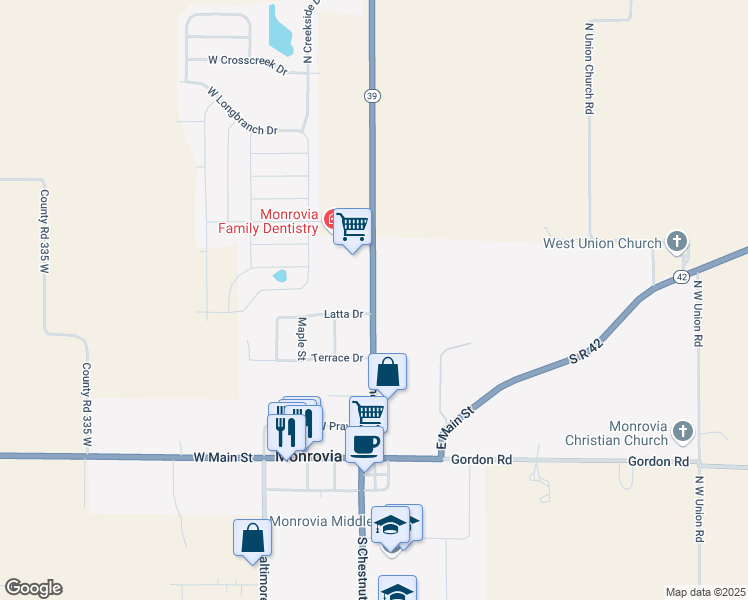 map of restaurants, bars, coffee shops, grocery stores, and more near 395 North Chestnut Street in Monrovia