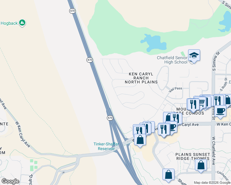 map of restaurants, bars, coffee shops, grocery stores, and more near C-470 Bikeway in Littleton
