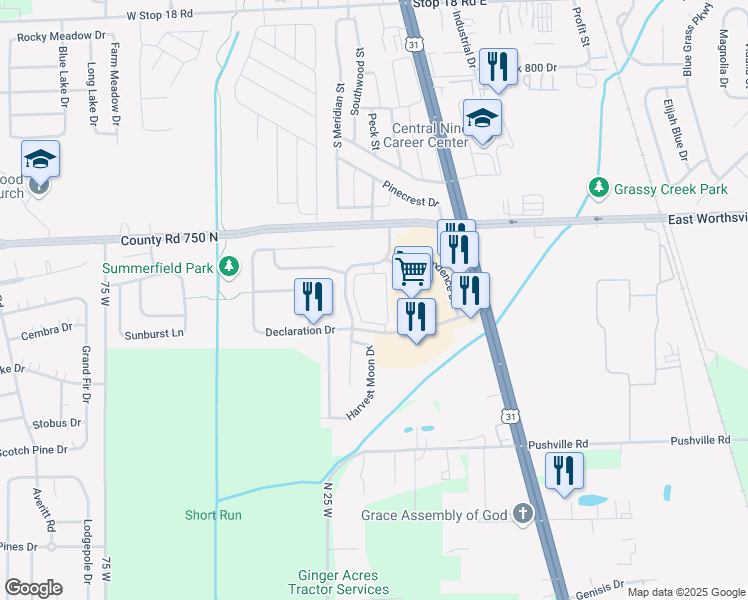 map of restaurants, bars, coffee shops, grocery stores, and more near 20 Village Crossing Drive in Greenwood