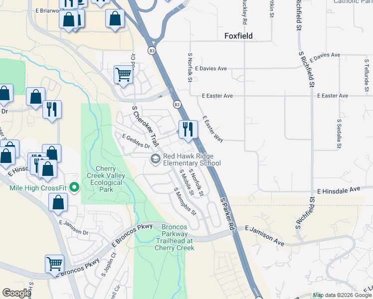 map of restaurants, bars, coffee shops, grocery stores, and more near 16340 East Fremont Avenue in Aurora