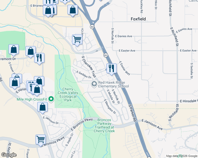 map of restaurants, bars, coffee shops, grocery stores, and more near 16294 East Geddes Lane in Aurora