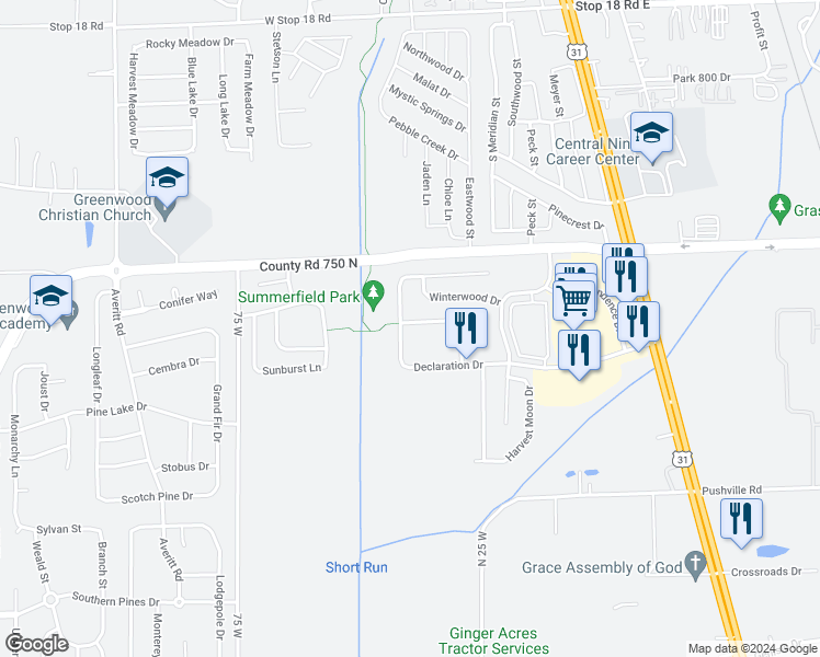 map of restaurants, bars, coffee shops, grocery stores, and more near 205 Frostwood Lane in Greenwood