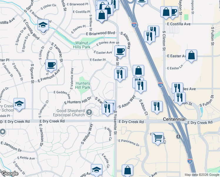 map of restaurants, bars, coffee shops, grocery stores, and more near 7307 South Xenia Circle in Centennial