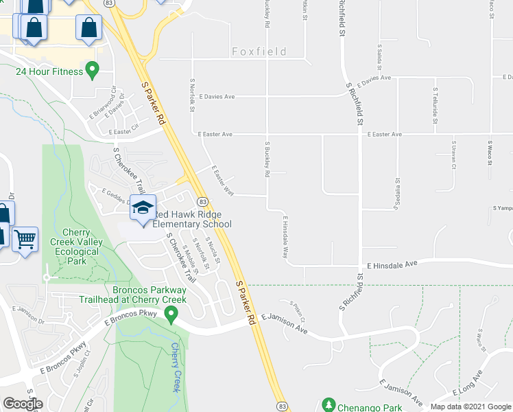 map of restaurants, bars, coffee shops, grocery stores, and more near 16822 East Easter Way in Foxfield