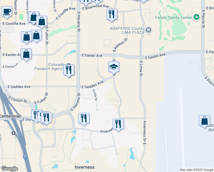 map of restaurants, bars, coffee shops, grocery stores, and more near 10800 East Geddes Avenue in Englewood