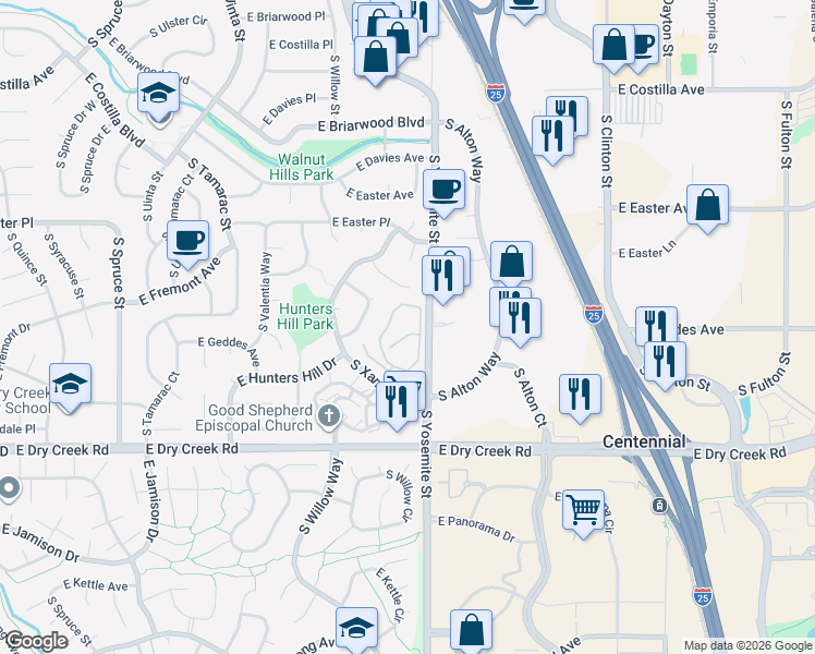 map of restaurants, bars, coffee shops, grocery stores, and more near 7307 South Xenia Circle in Centennial