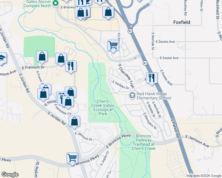 map of restaurants, bars, coffee shops, grocery stores, and more near 16098 East Geddes Lane in Aurora