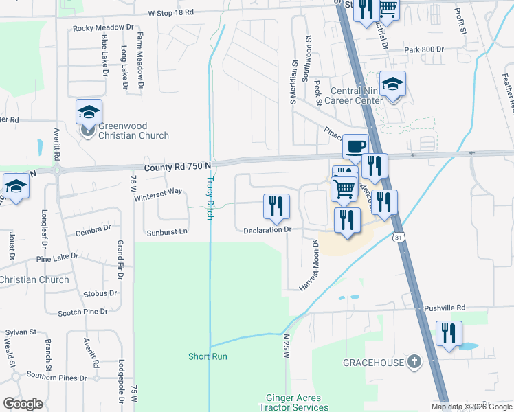map of restaurants, bars, coffee shops, grocery stores, and more near 157 Frostwood Lane in Greenwood