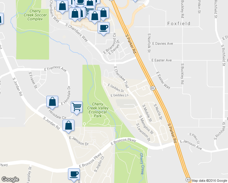map of restaurants, bars, coffee shops, grocery stores, and more near 16033 East Geddes Drive in Aurora