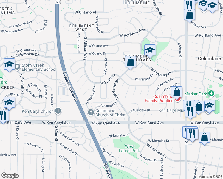 map of restaurants, bars, coffee shops, grocery stores, and more near 7708 West Frost Drive in Littleton