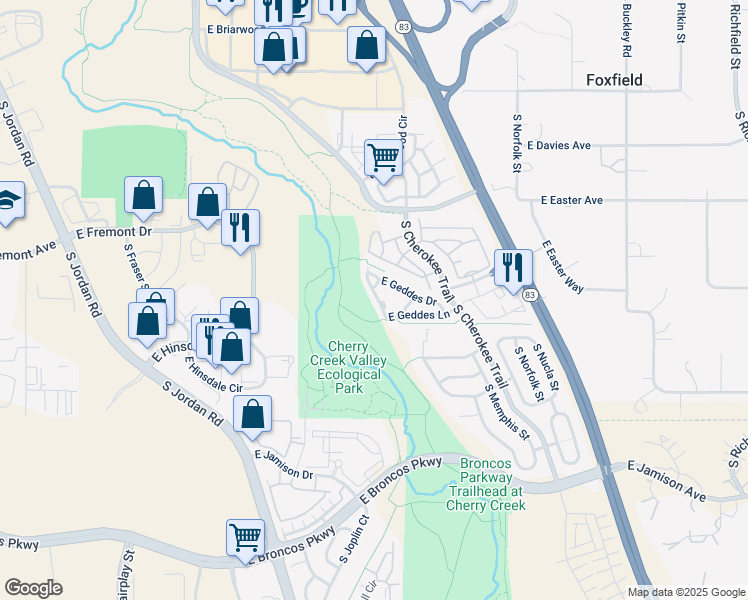 map of restaurants, bars, coffee shops, grocery stores, and more near 15962 East Geddes Lane in Aurora