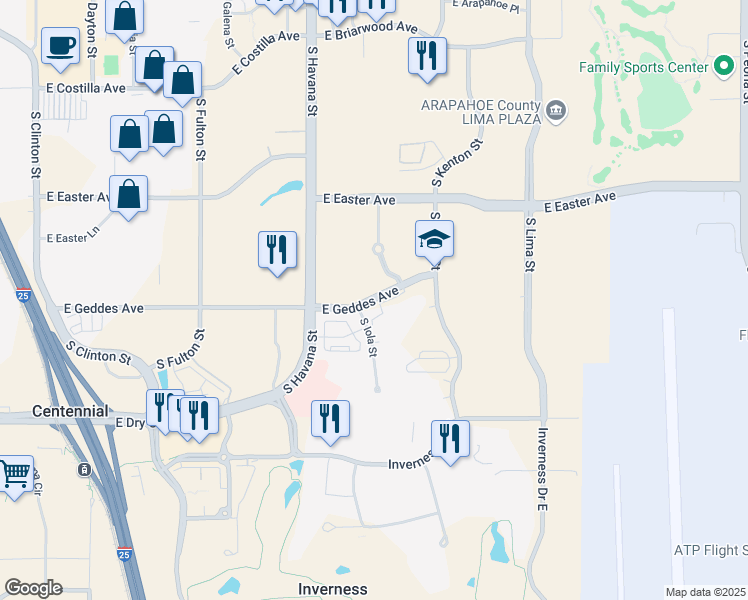 map of restaurants, bars, coffee shops, grocery stores, and more near 10700 East Geddes Avenue in Englewood