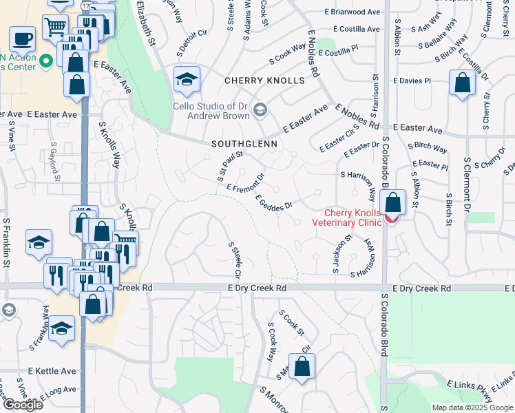 map of restaurants, bars, coffee shops, grocery stores, and more near 3347 East Geddes Drive in Centennial