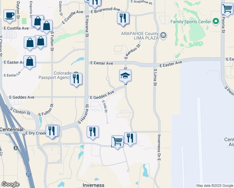 map of restaurants, bars, coffee shops, grocery stores, and more near 10800 East Geddes Avenue in Englewood