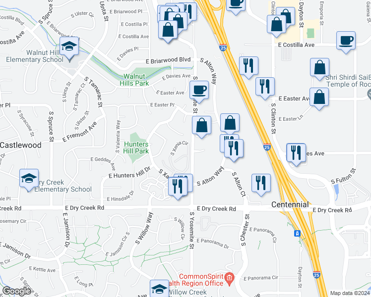 map of restaurants, bars, coffee shops, grocery stores, and more near 7251 South Xenia Circle in Centennial