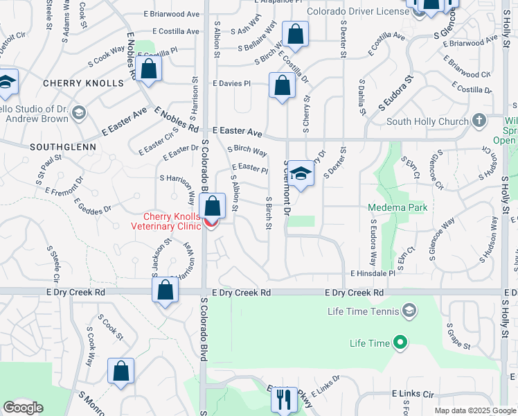 map of restaurants, bars, coffee shops, grocery stores, and more near 4251 East Fremont Place in Centennial