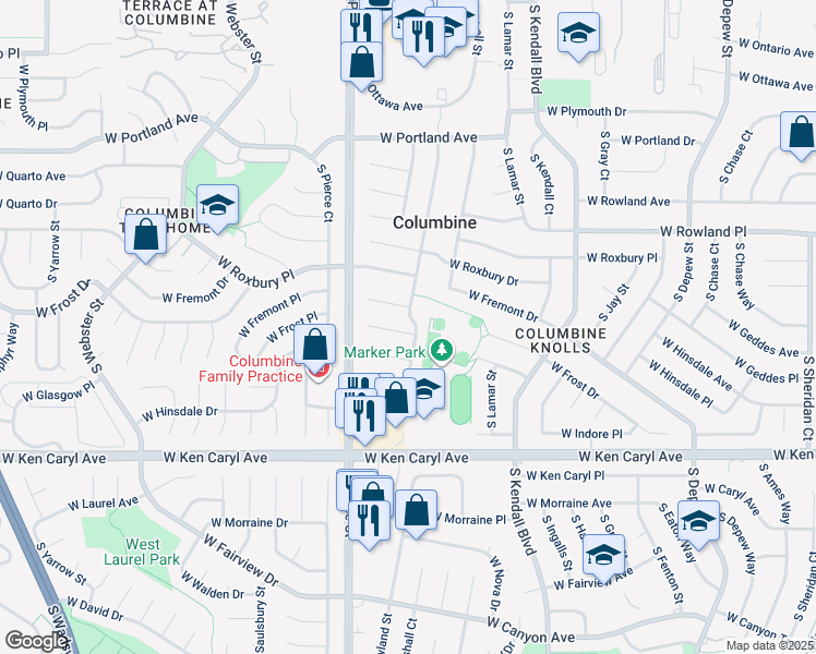 map of restaurants, bars, coffee shops, grocery stores, and more near 6612 West Frost Avenue in Littleton