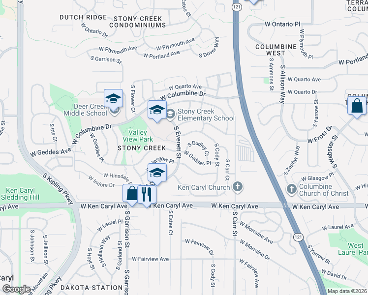 map of restaurants, bars, coffee shops, grocery stores, and more near 8892 West Frost Avenue in Littleton