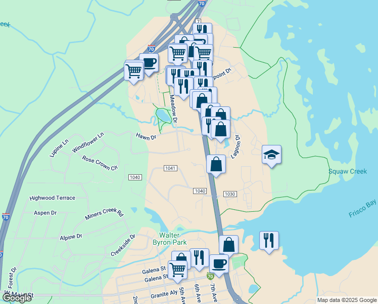 map of restaurants, bars, coffee shops, grocery stores, and more near 710 County Highway 9 in Frisco