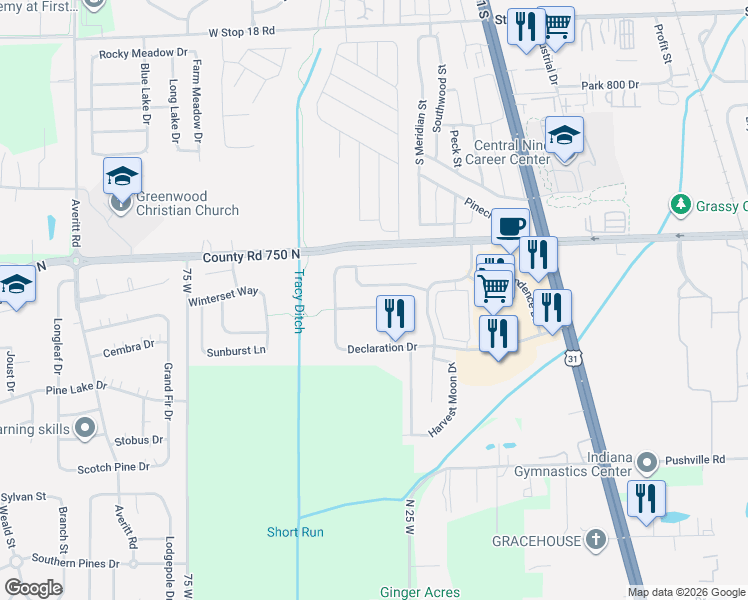 map of restaurants, bars, coffee shops, grocery stores, and more near 97 Winterwood Drive in Greenwood