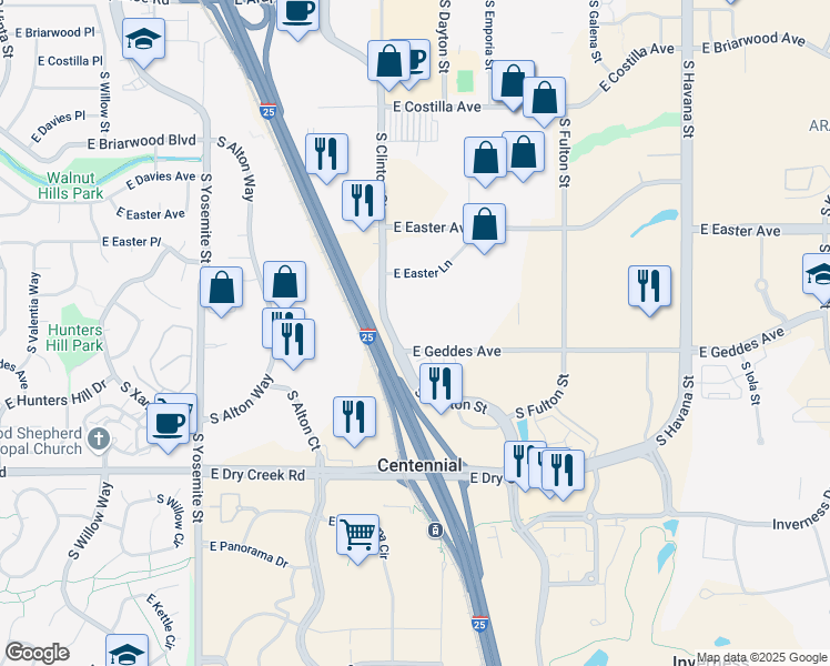 map of restaurants, bars, coffee shops, grocery stores, and more near 9641 East Geddes Avenue in Centennial