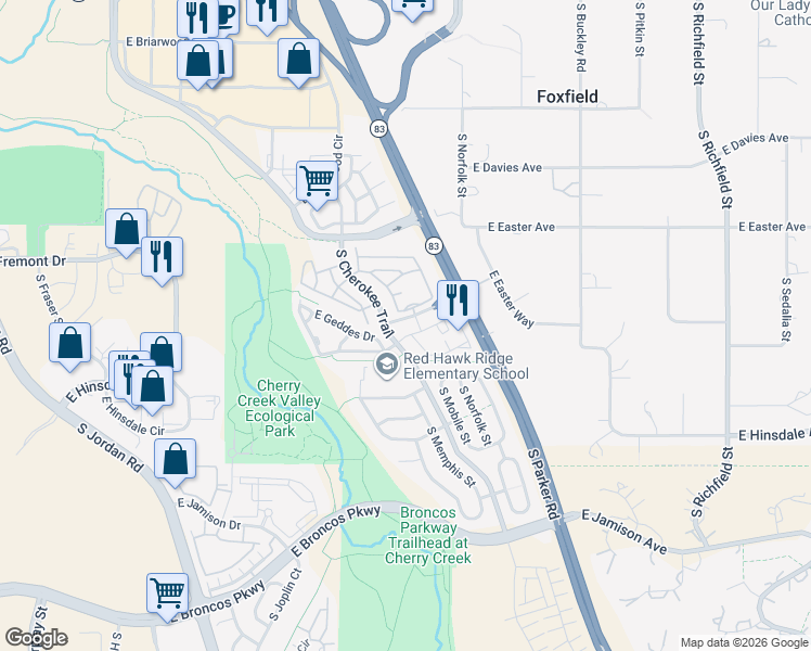 map of restaurants, bars, coffee shops, grocery stores, and more near 16306 East Fremont Avenue in Aurora
