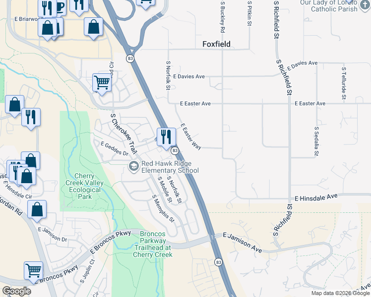 map of restaurants, bars, coffee shops, grocery stores, and more near 7320 South Parker Road in Aurora