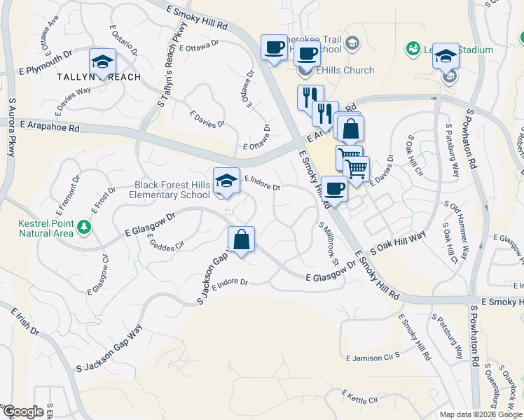 map of restaurants, bars, coffee shops, grocery stores, and more near 25265 East Park Crescent Drive in Aurora