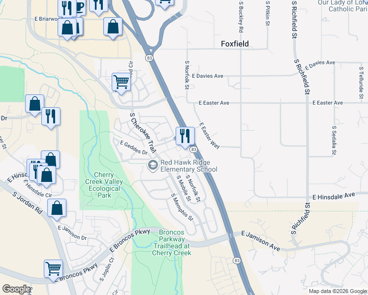 map of restaurants, bars, coffee shops, grocery stores, and more near 16380 East Fremont Avenue in Aurora