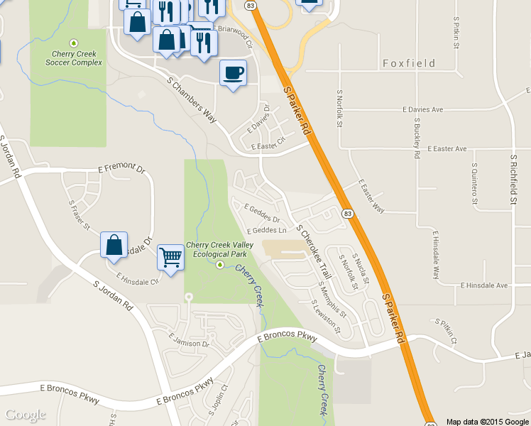 map of restaurants, bars, coffee shops, grocery stores, and more near 7171 South Cherokee Trail in Aurora