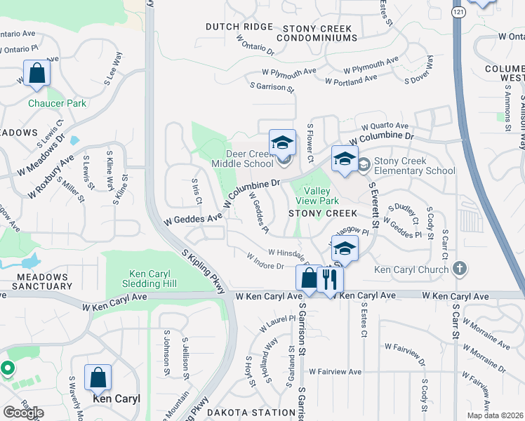 map of restaurants, bars, coffee shops, grocery stores, and more near 9445 West Geddes Place in Littleton
