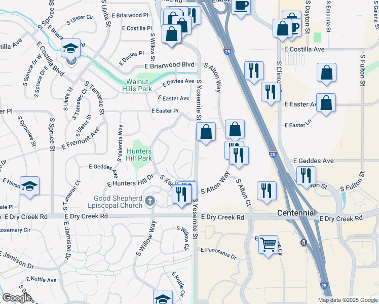 map of restaurants, bars, coffee shops, grocery stores, and more near 7251 South Xenia Circle in Centennial
