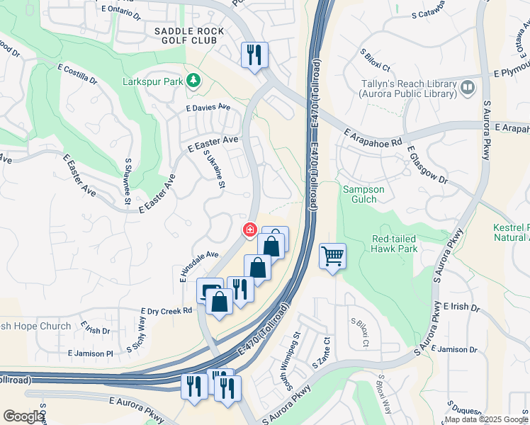map of restaurants, bars, coffee shops, grocery stores, and more near 7250 South Gartrell Road in Aurora
