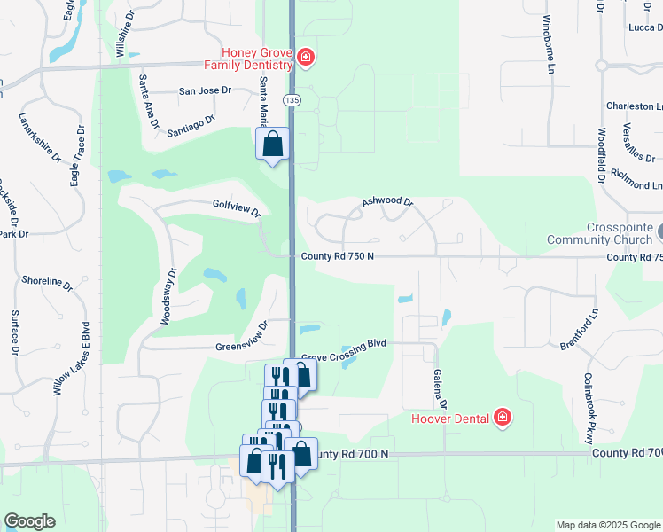 map of restaurants, bars, coffee shops, grocery stores, and more near 1757 County Road 750 North in Greenwood